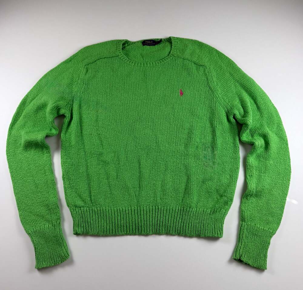 Polo Ralph Lauren Green Cable Knit Crewneck Sweater with Pink Pony Logo XL women
